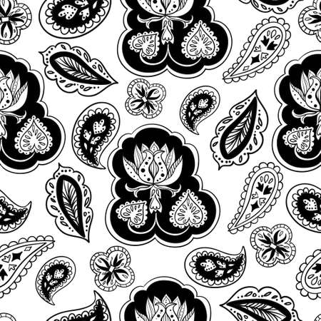 Seamless pattern with plants black and white plants and floral mandala elements. Ornamental ornate background. Vector illustration.のイラスト素材