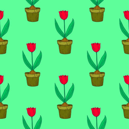 Cute seamless pattern with tulips in pots. Vector illustrationのイラスト素材