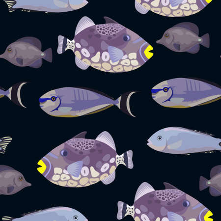 Cute seamless pattern with bright tropical coral fishes. Vector illustrationのイラスト素材