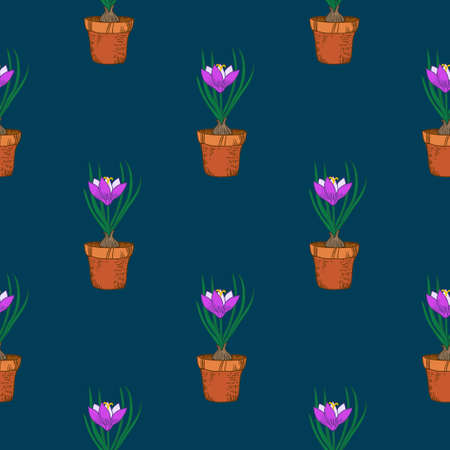 Seamless pattern with crocus in the pot. Vintage vector illustration.のイラスト素材