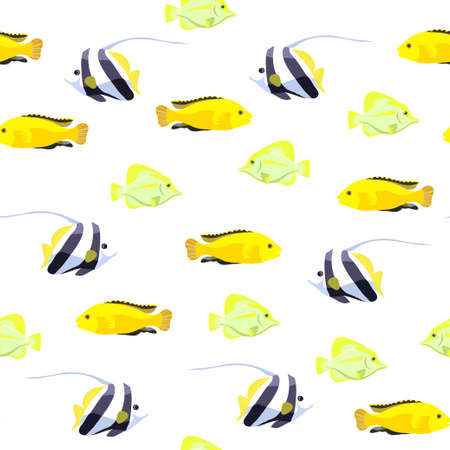 Cute seamless pattern with bright tropical coral fishes. Vector illustrationのイラスト素材