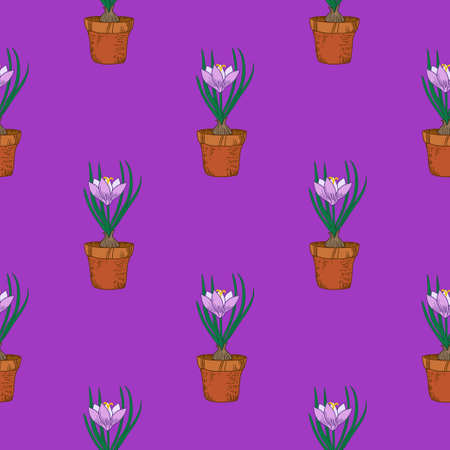 Seamless pattern with crocus in the pot. Vintage vector illustration.のイラスト素材