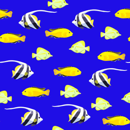 Cute seamless pattern with bright tropical coral fishes. Vector illustrationのイラスト素材