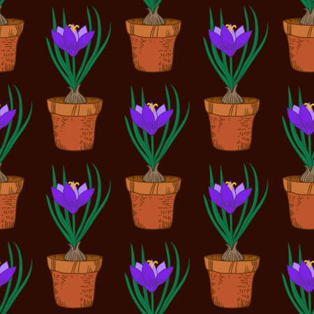 Seamless pattern with crocus in the pot. Vintage vector illustration.のイラスト素材