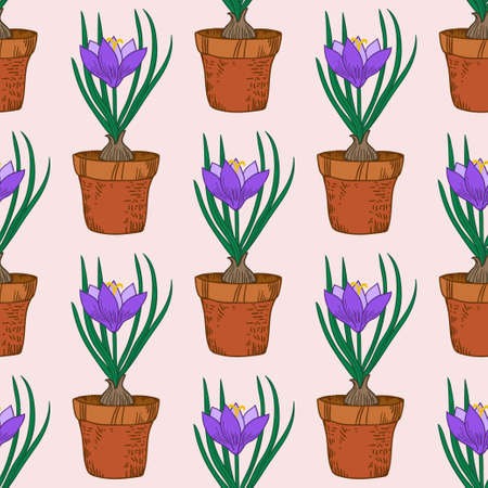 Seamless pattern with crocus in the pot. Vintage vector illustration.のイラスト素材
