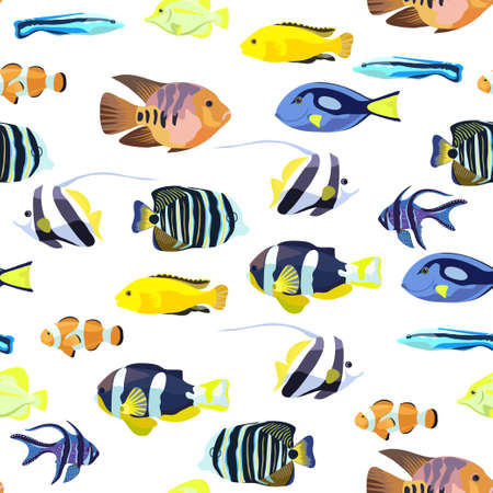 Cute seamless pattern with bright tropical coral fishes. Vector illustrationのイラスト素材