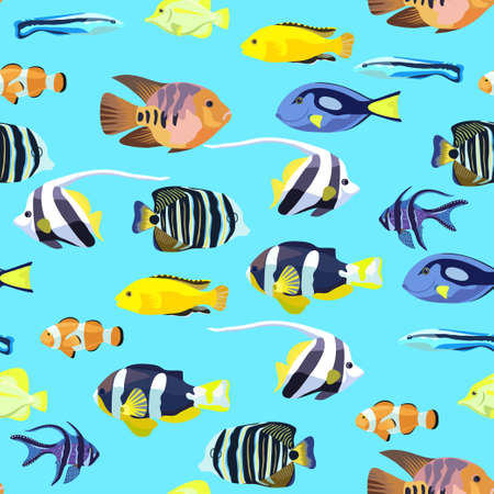 Cute seamless pattern with bright tropical coral fishes. Vector illustrationのイラスト素材