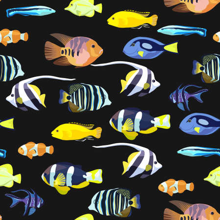 Cute seamless pattern with bright tropical coral fishes. Vector illustrationのイラスト素材