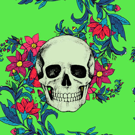 Seamless pattern with flowers and skull on green background. Vector illustrationのイラスト素材
