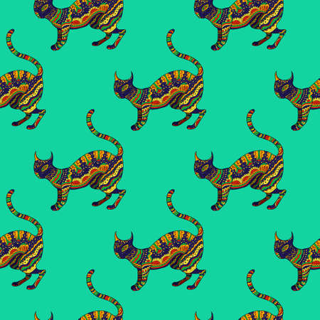 Seamless pattern with ornamental psychedelic cat. Vector illustrationのイラスト素材
