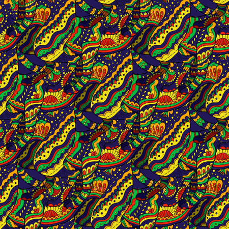 Seamless pattern with floral psychedelic floral and plant elements. Vector original illustrationのイラスト素材