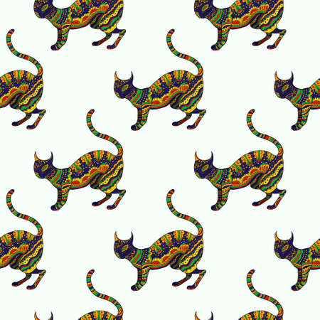 Seamless pattern with ornamental psychedelic cat. Vector illustrationのイラスト素材