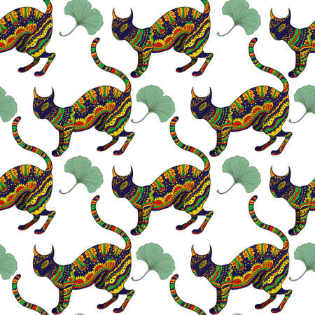 Seamless pattern with ornamental psychedelic cat. Vector illustrationのイラスト素材