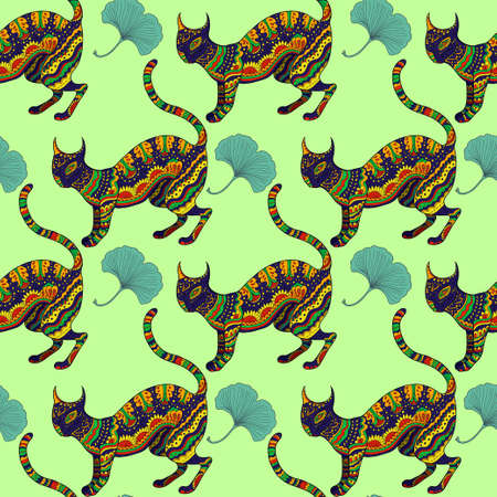 Seamless pattern with ornamental psychedelic cat. Vector illustrationのイラスト素材