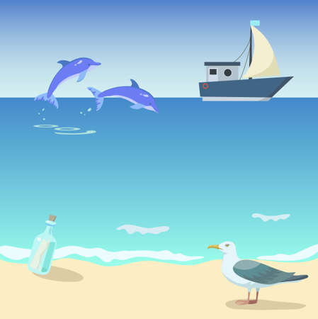 Ship in the sea with dolphins, bottle and seagull. Vector original illustration.のイラスト素材