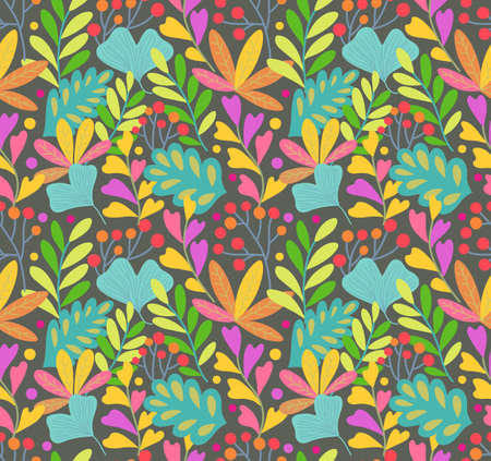Seamless texture with vector plant elements, leaves and berries. Vector illustration