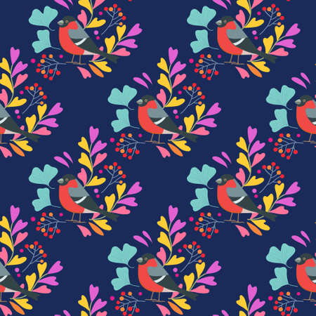 Seamless pattern with cute birds, leaves and berries. Vector original illustration.のイラスト素材