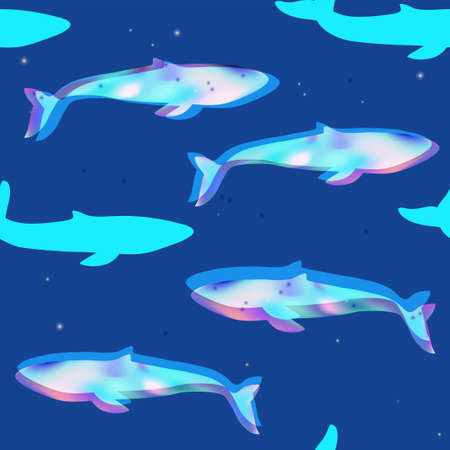 Seamless pattern with flying whale and stars. Blue night space galaxy background.のイラスト素材