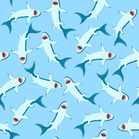 Seamless pattern with cute little cartoon sharks. Vector original illustrationのイラスト素材