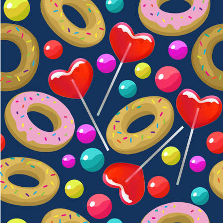 Seamless pattern with candy balls and heart shaped lollipop. Vector illustrationのイラスト素材