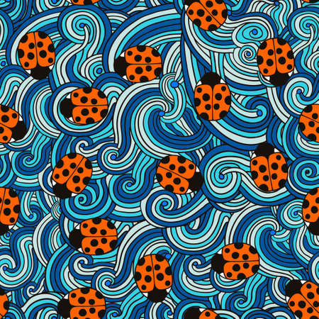 Seamless pattern with cute ladybugs and curly abstract line elements. Vector original illustration.のイラスト素材