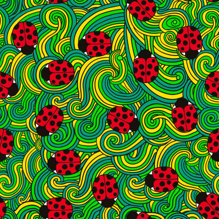 Seamless pattern with cute ladybugs and curly abstract line elements. Vector original illustration.のイラスト素材
