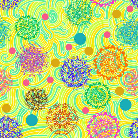 Seamless pattern with floral psychedelic floral and plant elements. Vector original illustrationのイラスト素材