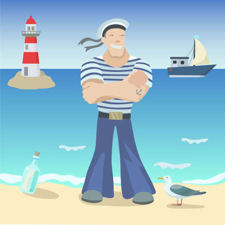 Smiling sailor on the coast with sea on the background and the lighthouse. Vector original illustration.のイラスト素材