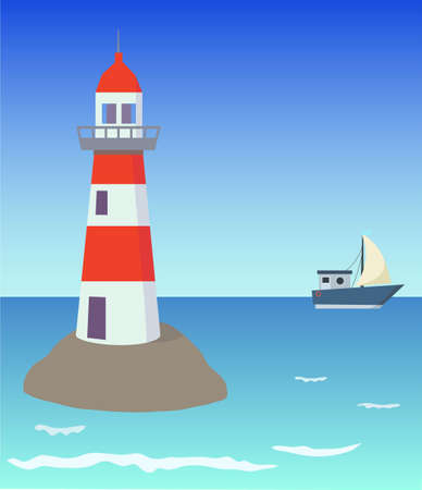 Sea vector background with blue sky, waves and lighthouse. Vector illustrationのイラスト素材