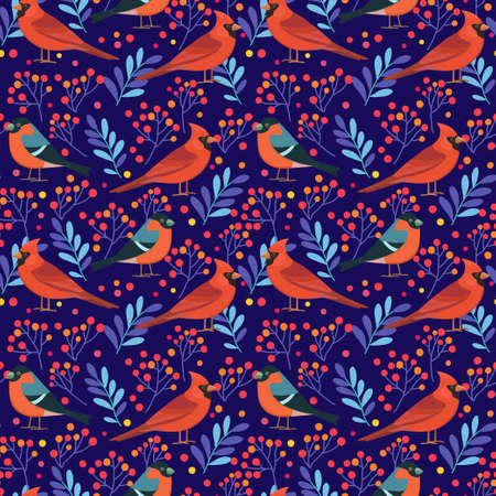 Cute seamless pattern with birds and berry elements. Vector original illustrationのイラスト素材