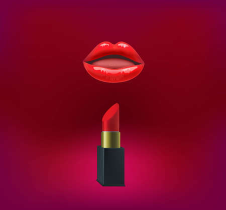Illustration of red open lips and lipstick. Vector original illustration.のイラスト素材