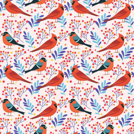 Cute seamless pattern with birds and berry elements. Vector original illustrationのイラスト素材