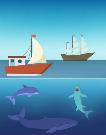 Vector illustration of ships in the sea and underwater life, dolphin, shark and whale. Vector illustrationの写真素材