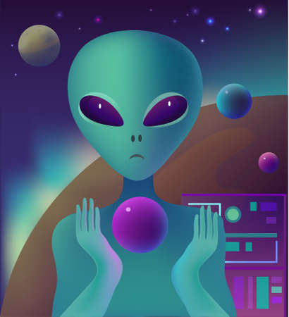 Cute alien with sphere in space with stars and planets.