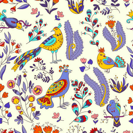 Seamless pattern with fairy birds and cute plants and flowers. Vector illustrationのイラスト素材