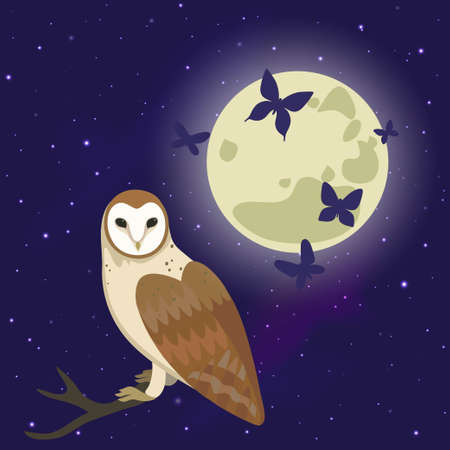 Illustration with owl on the branch, full moon and butterflies. Vector illustrationのイラスト素材