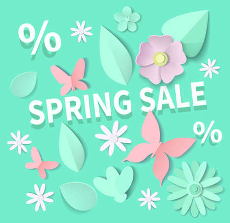 Spring sale banner with flowers and butterflies in paper cut style.のイラスト素材