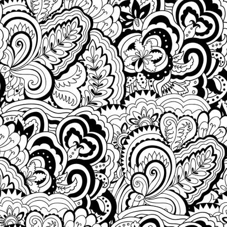 Black and white linear seamless pattern with plant and floral elements for design and coloring books. Vector illustrationのイラスト素材