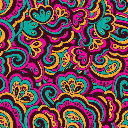 Bright psychedelic pattern with colorful curly doodle motifs. Vector illustrationのイラスト素材