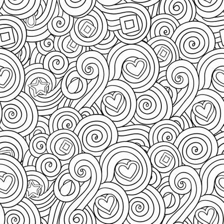 Black and white linear seamless pattern with plant and floral elements for design and coloring books. Vector illustrationのイラスト素材