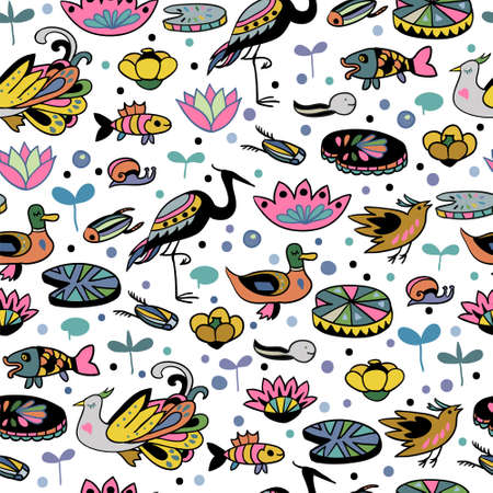 Seamless pattern with cute birds and underwater animals. Children doodle cartoon texture. Vector illustrationのイラスト素材