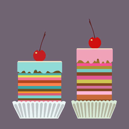 Set of tasty creamy cakes with cherries. . Vector illustration