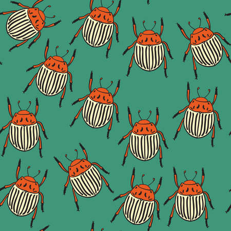 Seamless pattern with potato beetles on green background. Vector illustrationのイラスト素材