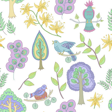 Cute fairy pattern with fantasy birds and floral elements . Vector illustrationのイラスト素材
