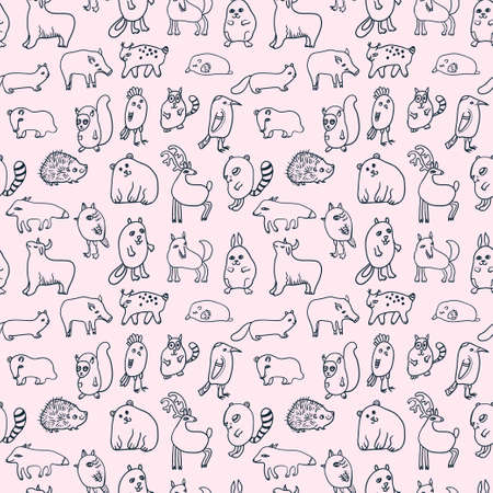 Big set with cute cartoon doodle animals . Vector illustration