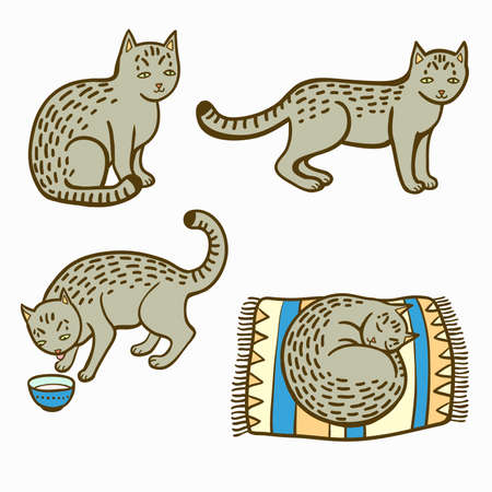 Cute cartoon tabby cat in various situations, eating, sleeping and sitting . Vector illustrationのイラスト素材