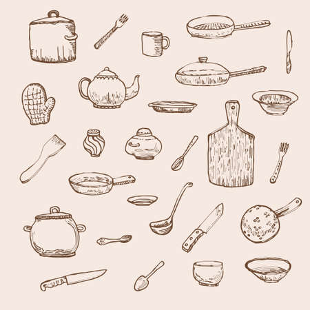 Ink hand drawn dishes big set. Vector illustrationのイラスト素材