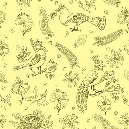 Seamless pattern with amazing fairy birds and flowers. Vector illustrationのイラスト素材