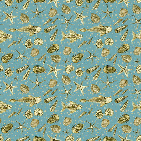 Seamless pattern of hand drawn seashell, ammonites, trilobite and other fossil animals. High quality paintingの写真素材