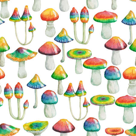 Seamless watercolor pattern with hand painted psychedelic mushrooms. High quality paintingの写真素材